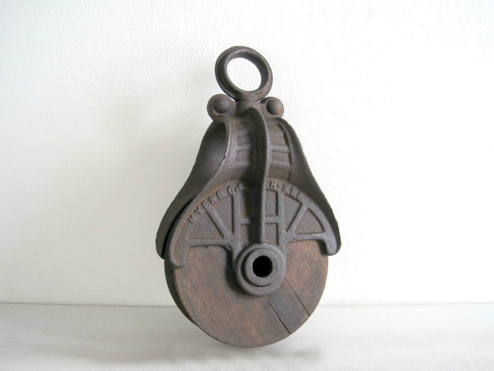 Vintage Wood & Iron Pulley - Farmhouse, Industrial, Nautical