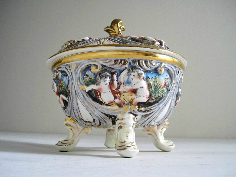 Vintage Capo-Di-Monte Covered Bowl w/ Cherubs