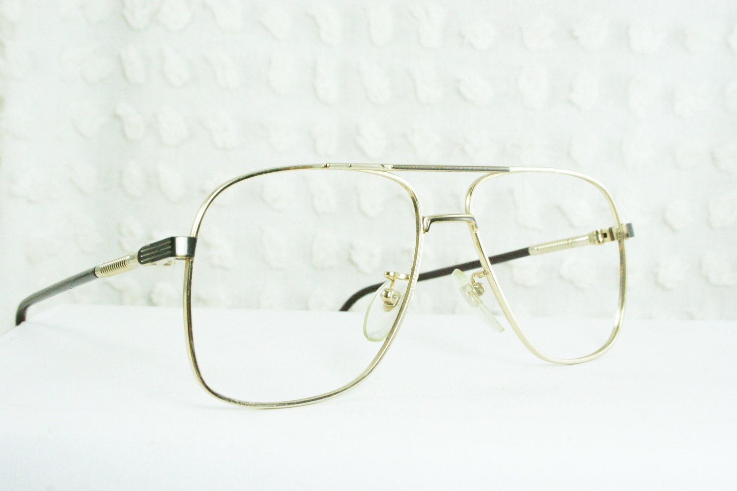 80s Glasses 1980s Aviator Eyeglasses Men's Gold Wire Rim Double Bridge Slim Spring Flex Black Temple NOS 54/20 Sportster Japan Optical Frame