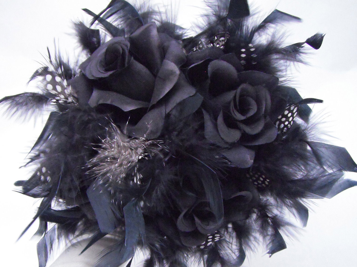 Bridal Wedding Bouquet Punk 4 Roses - Gothic Black Roses with Black and White Polka Dot and Black Chandelle Feathers - DarkRoseTreasures
