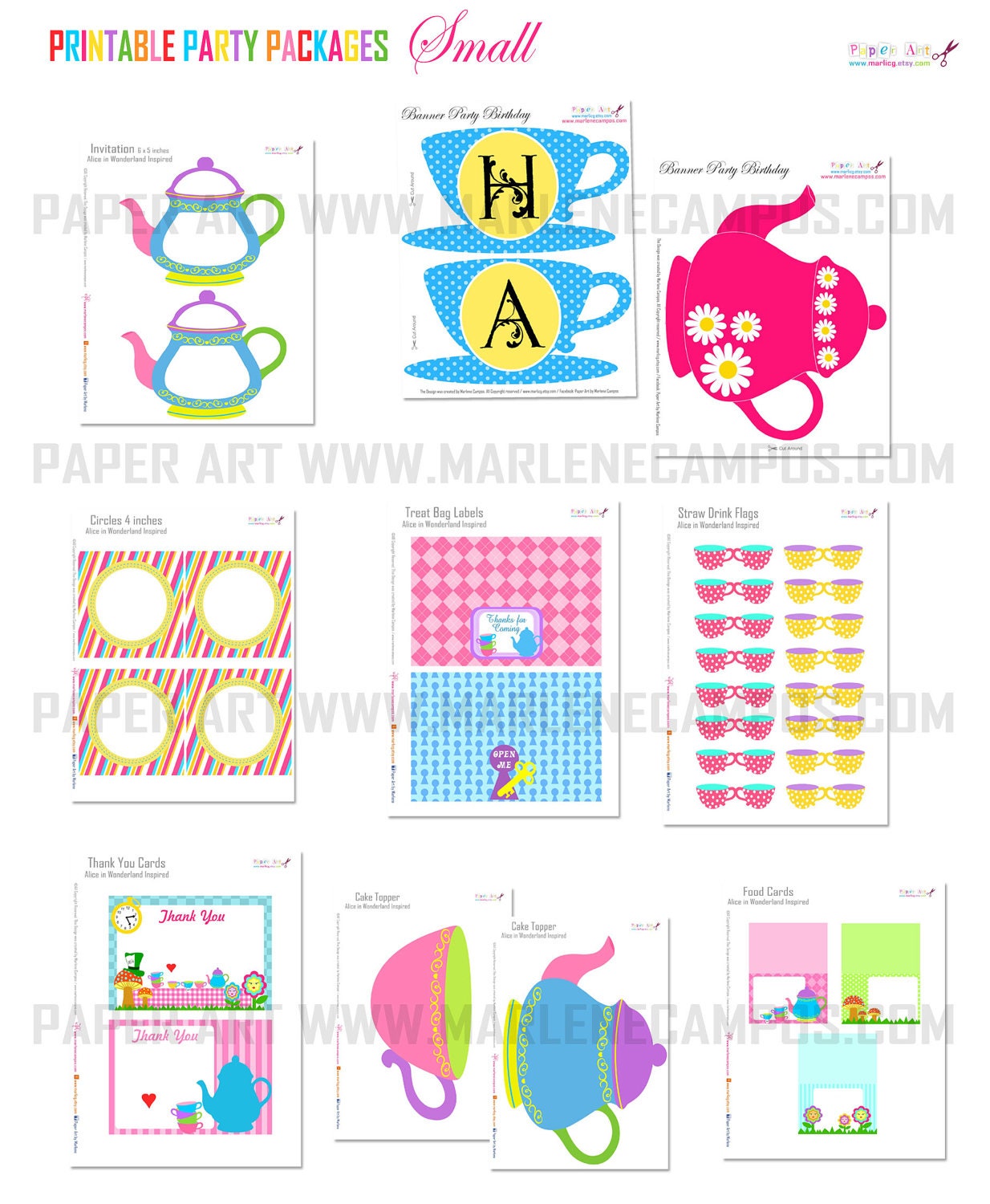 PRINTABLE Small Collection Alice in Wonderland Inspired Birthday Party Package Personalized - DIY - Custom - Paper Art by Marlene Campos