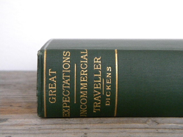 Great Expectations. The Uncommercial Traveler. antique book by Charles Dickens. emerald green. classic literature.
