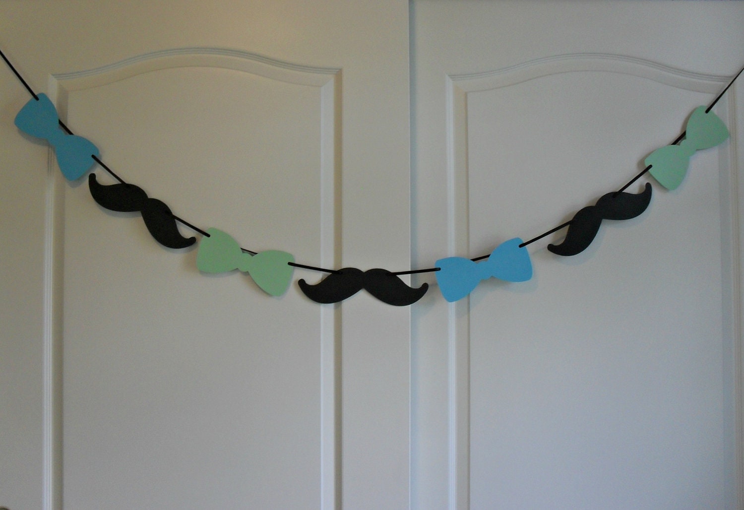 Mustache Bow Tie Banner Garland Black Blue Green Birthday Party Little Man Bachelor party 40th birthday baby shower Custom colors available Il_570xn