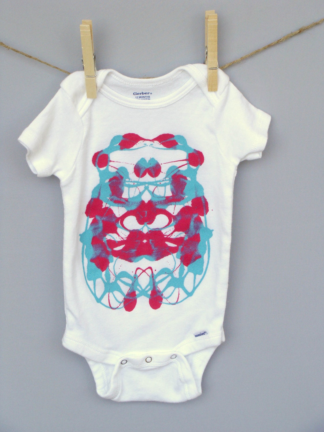 Decorated Baby Onesie - Unique Baby Gift - Ink Blot Design - Turquoise & Pink - 12 months - quality cotton onesie - non-toxic paint