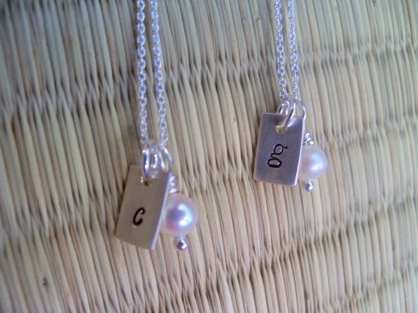 Sterling Silver Hand Stamped Tiny Initial Monogram Necklace Set of 2