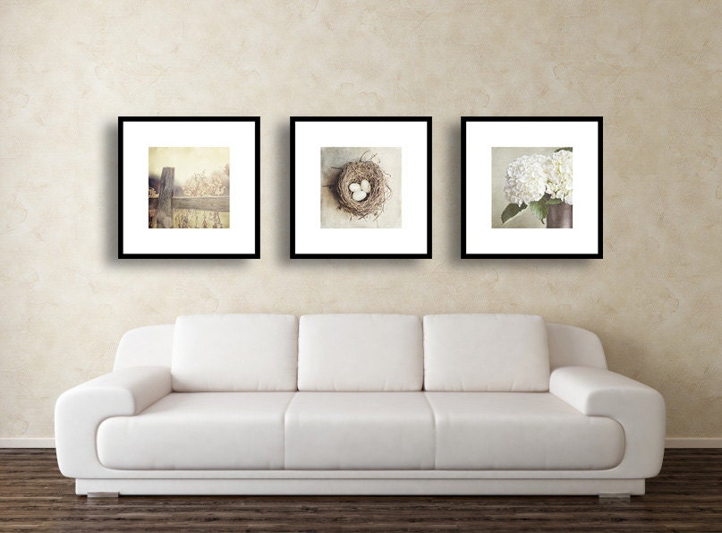Shabby Chic Home Decor Print Set, Shabby Chic Print Set of 3 8x8s, Neutral Beige Cottage Decor Natural Beige Tan Cream Flowers Nest White.