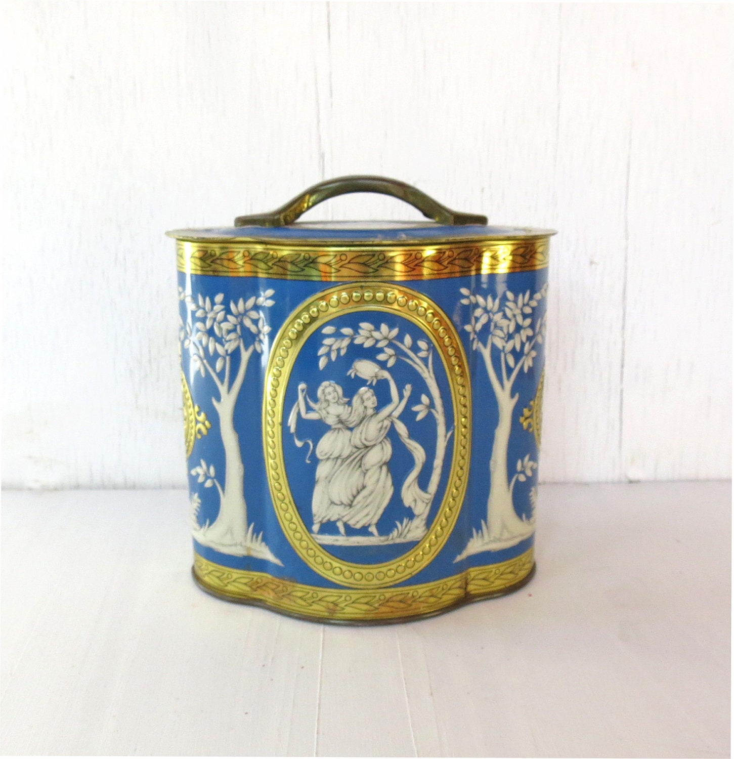 vintage tin grecian classic tin container in blue and white dancing goddesses SACRED