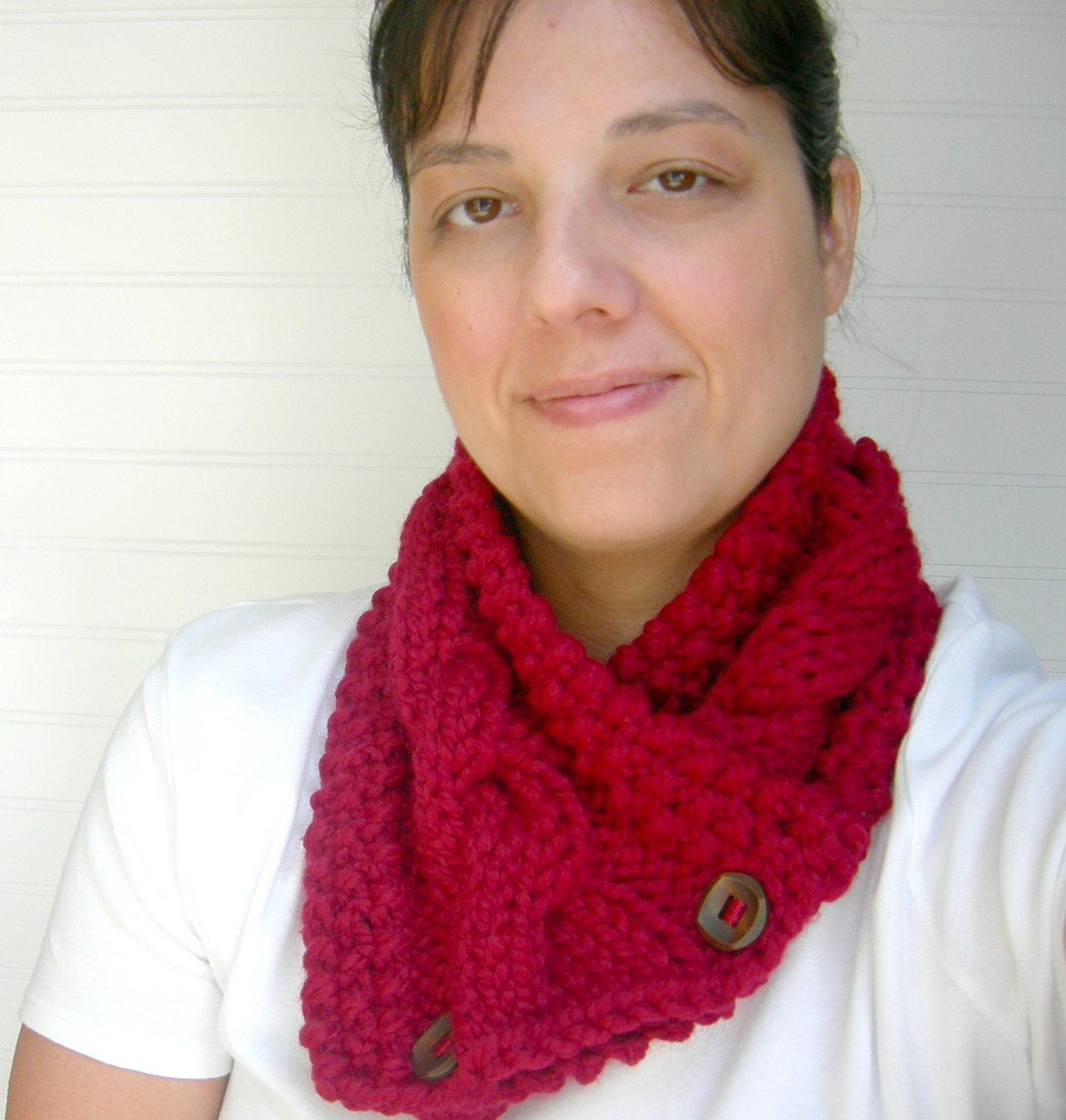 Cranberry Red Chunky Scarf, Button Cowl, Neckwarmer