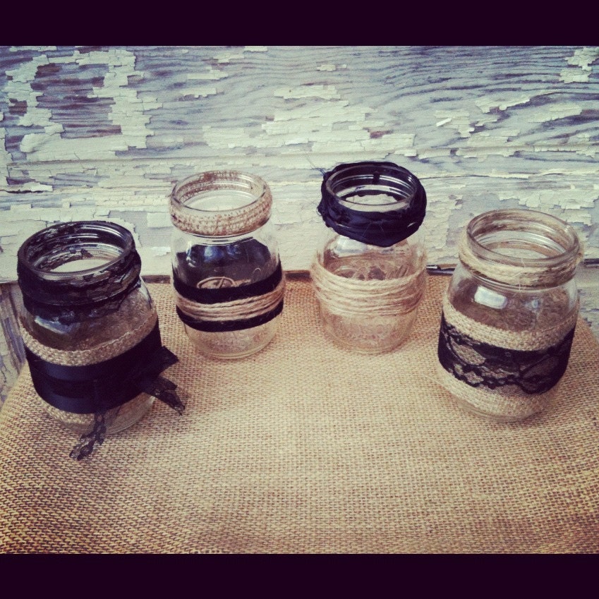 Items similar to 8 Burlap and Black Lace Mason Jar Set Wedding ...