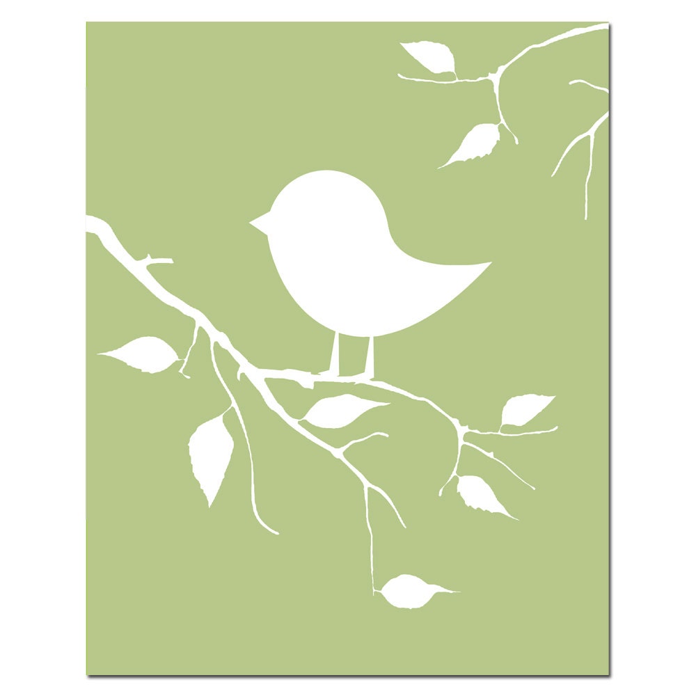 SALE - Bird on a Branch - 8x10 Baby Birds on a Branch - Silhouette Print - Perfect Modern Nursery Decor - Soft Green and White