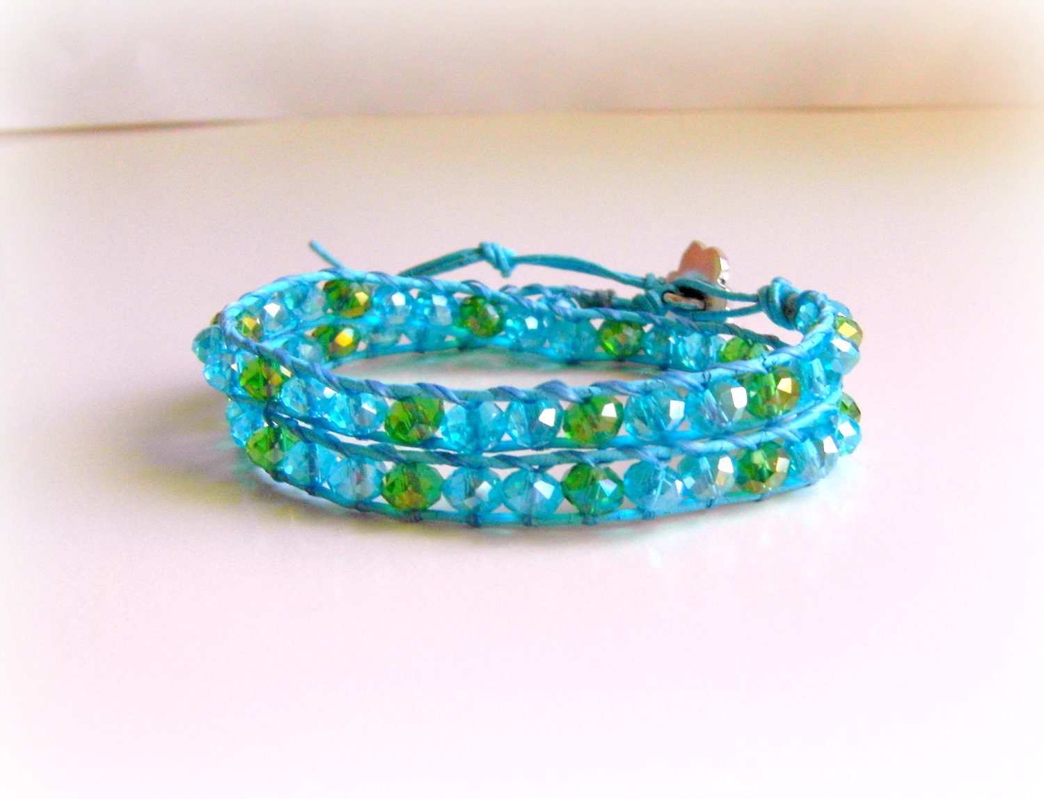 Boho Dazzling Blue Crystals Leather x2 Wrap Bracelet, Silver Flower Button, Adjustable Bracelet