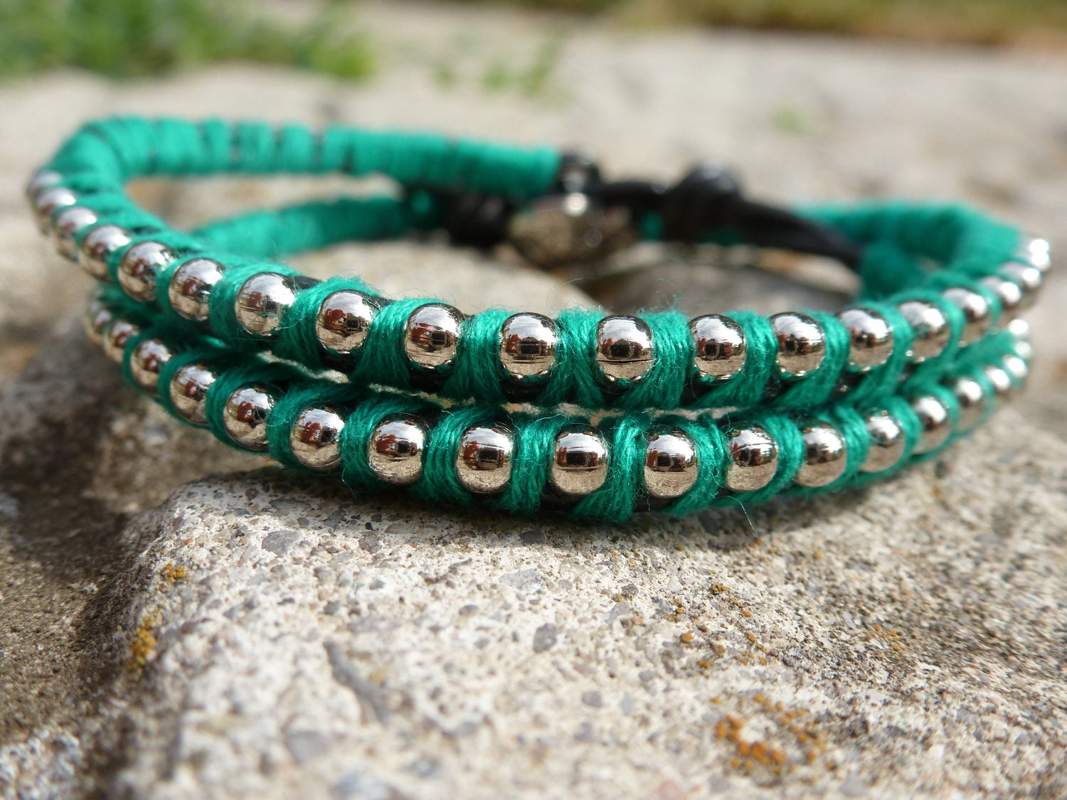 Leather Double Wrap Bracelet: Ball Chain Wrapped with Teal Cotton Thread. Wrap Bracelet, Double, Multi, Layering, Button.