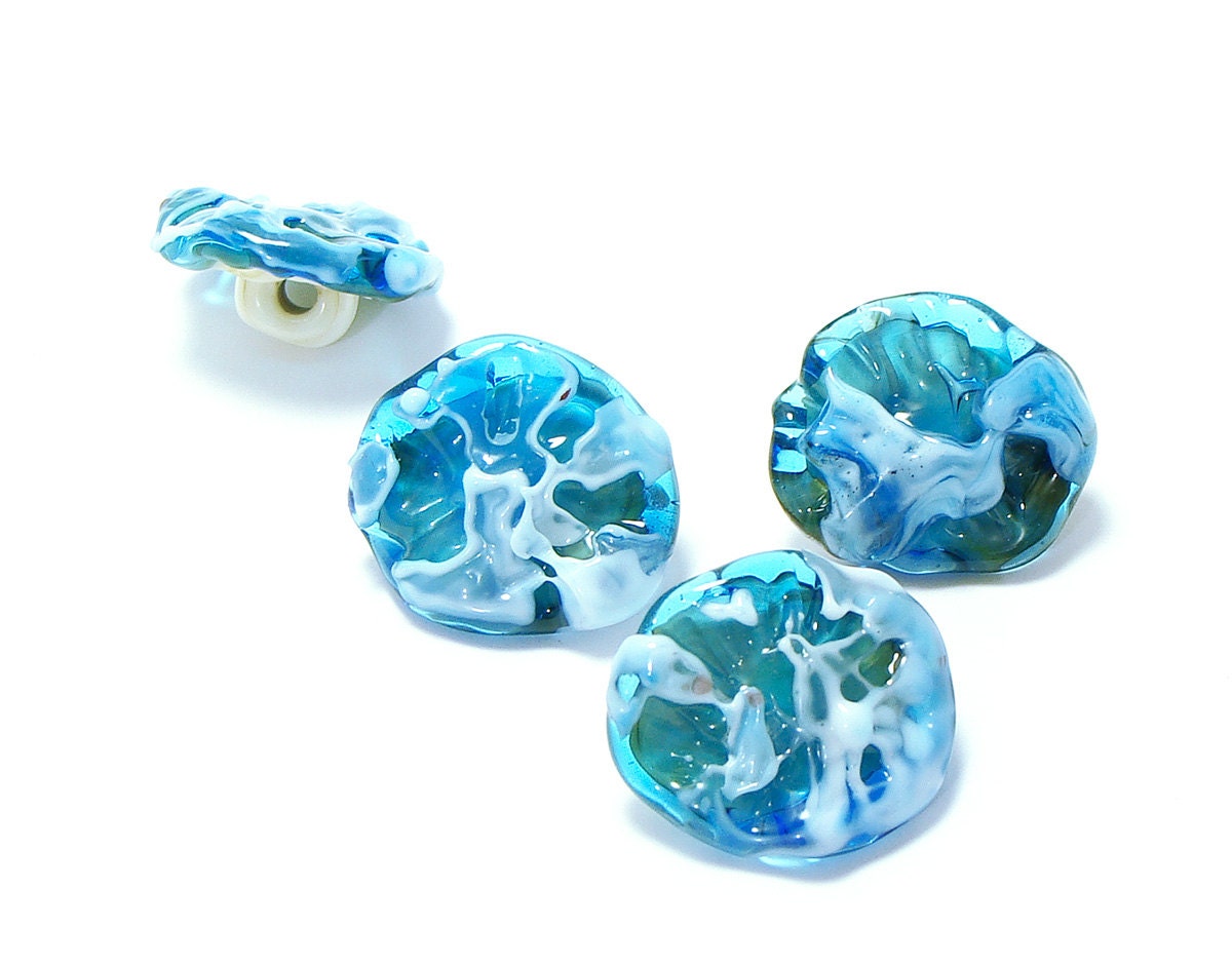 Glass buttons with shank - blue cyan and white sea foam set of four