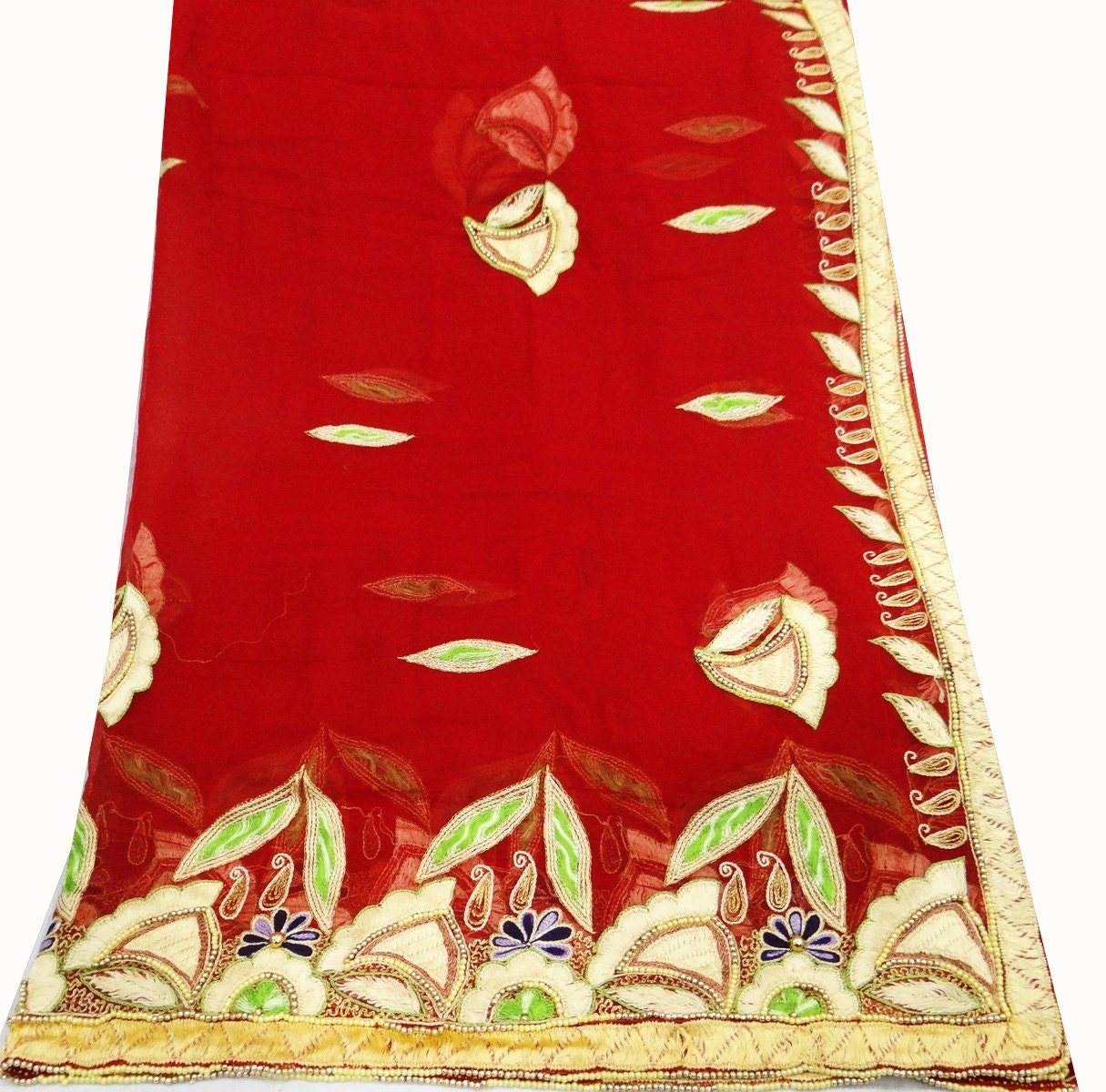 Vintage Dupatta Chiffon Magenta Long Stole Heavy Beaded India Bridal Scarf Wedding Wrap - QD19