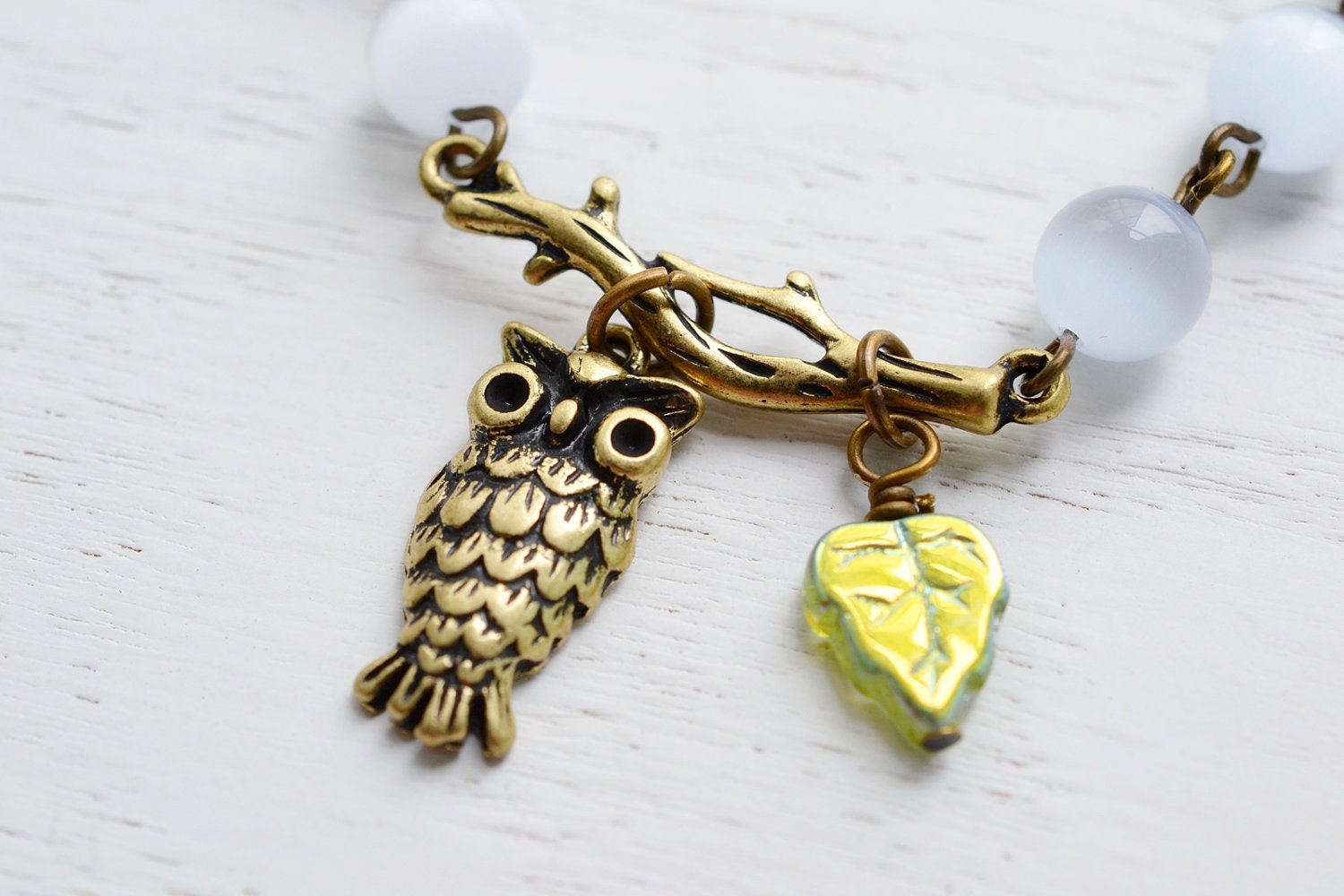 Owl Necklace,Owl Pendant Necklace,Beaded Owl Jewelry, Cats Eye, Brass Owl Charm Necklace, Whimsical, Quirky, Everyday Jewelry, Fashion - KimFong