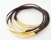 Brown leather Bangles with Gold or Silver Tube Accents