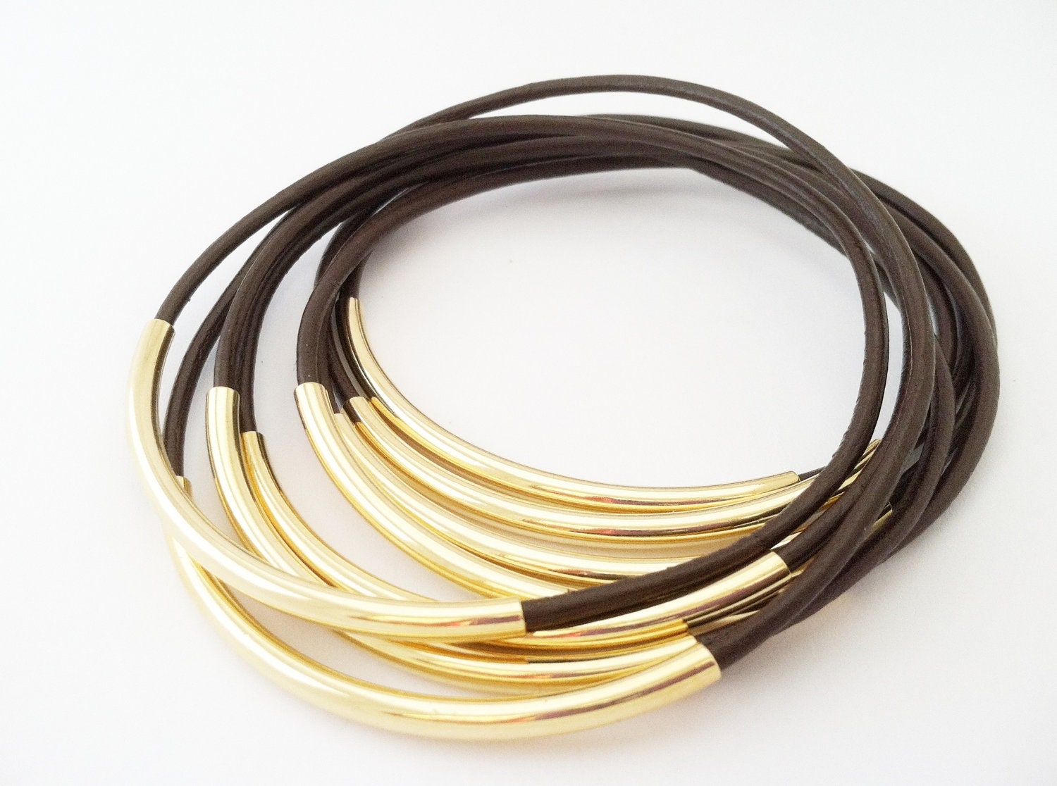 Brown leather Bangles with Gold or Silver Tube Accents
