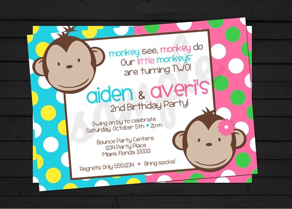 Mod Monkey Boy & Girl Twins Birthday Invitation Digital File YOU-PRINT Il_570xn