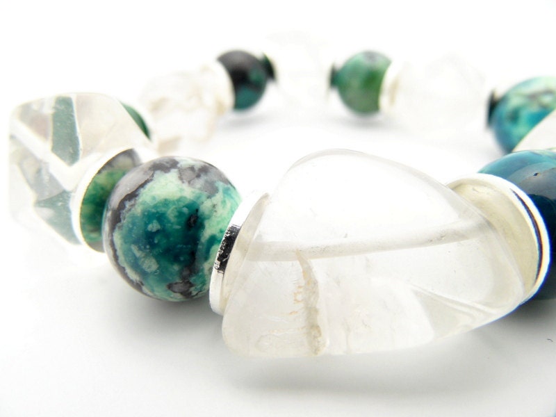 Silver Bead Bracelet, Bondai Garden Chrysotine Gemstone Chunky Crystal Jewelry, Fall Fashion