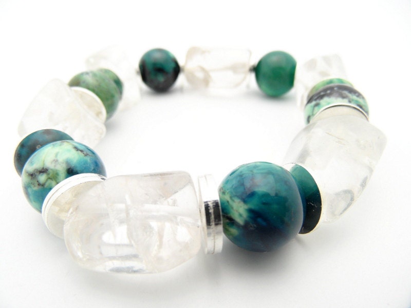 Silver Bead Bracelet, Bondai Garden Chrysotine Gemstone Chunky Crystal Jewelry, Fall Fashion