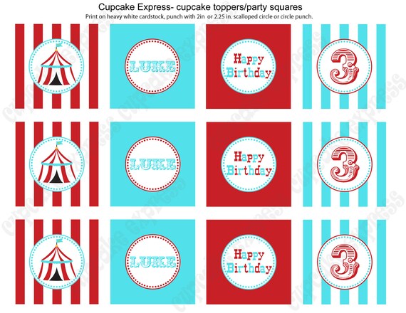 DIY Circus Birthday Party PRINTABLE Cupcake Toppers favor tags baby Red Aqua teal Il_570xn
