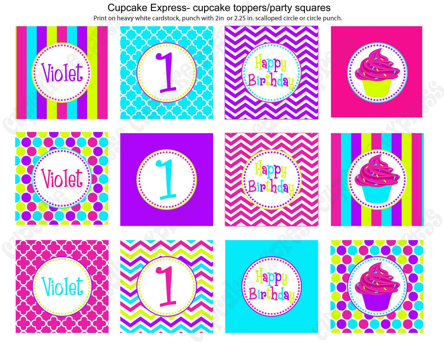 DIY Sweet Shop Birthday Party PRINTABLE Cupcake Toppers favor tags baby Hot pink Teal Purple Lime Green Il_570xn