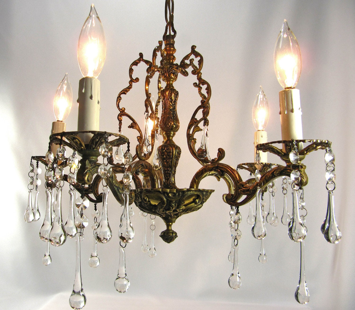 Vintage Chandelier Crystals Spanish Brass 5 Lights Fixture Prisms Made in Spain