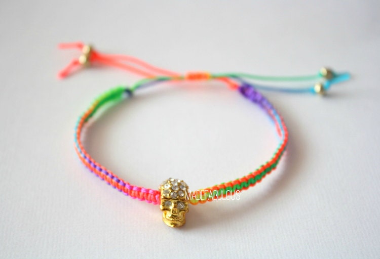 Handmade Rhinestone Gold-Plated Skull Neon Rainbow Cobra Bracelet//OOAK
