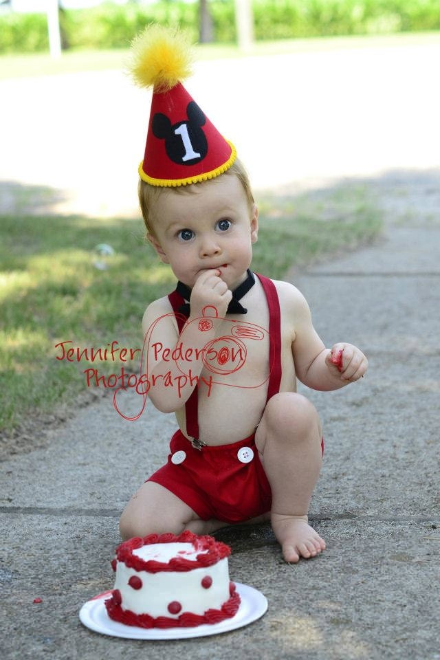 Baby / Boy Toddler Party Hat Bowtie & Boxers First Birthday Photo Cake Smash Outfit in Mickey Mouse Red and Yellow