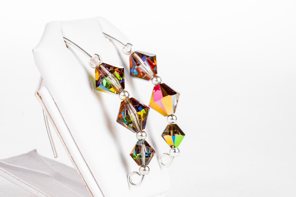 Xilion Crystal Earrings / Swarovski beaded dangling bridal rainbow xilion beads earrings