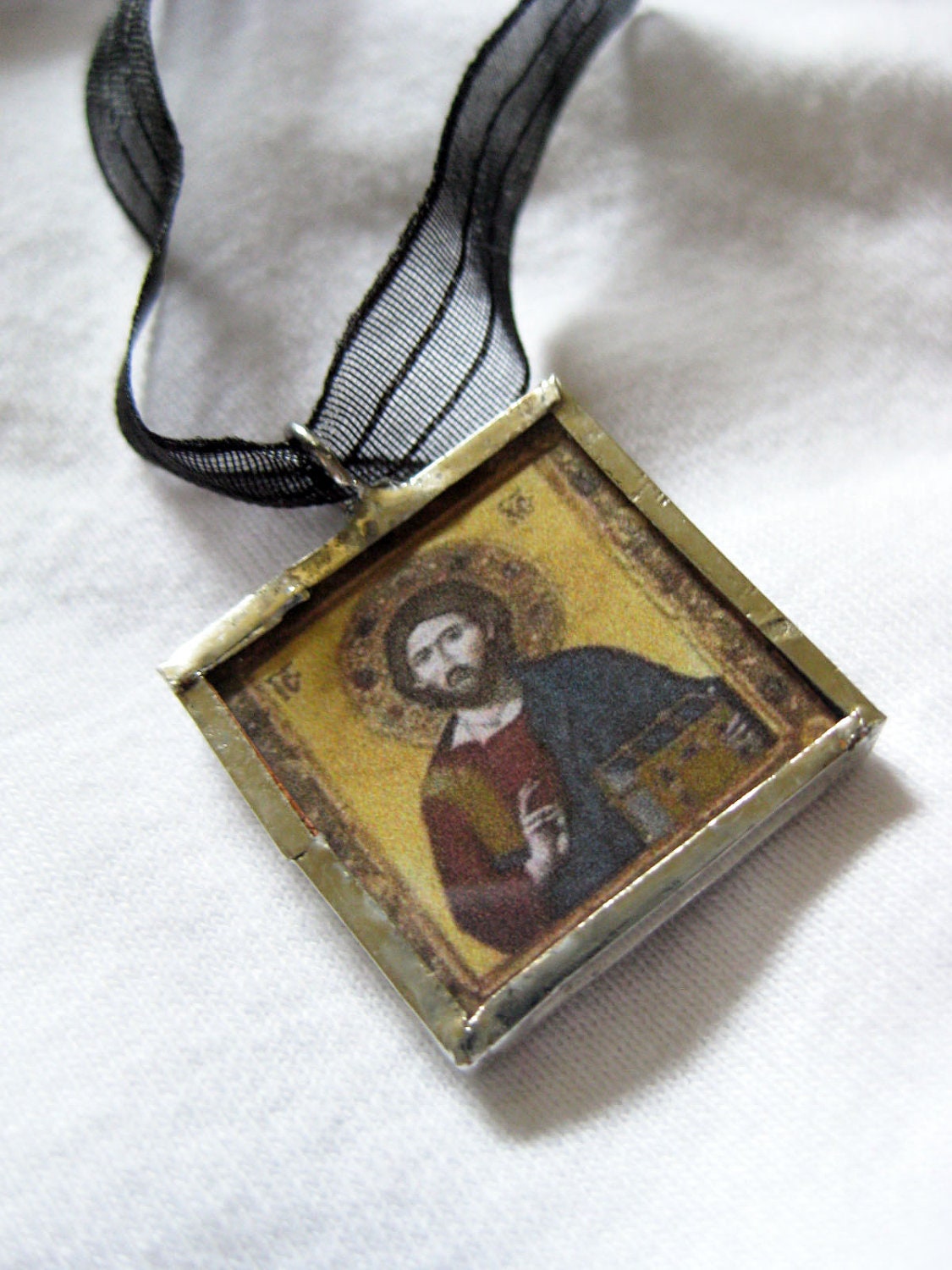 Christian Icon Necklace Pendant of Jesus, Double-Sided-Handmade