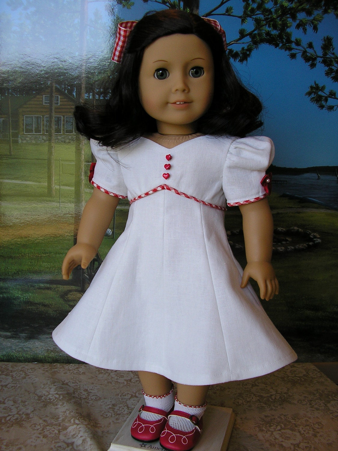 Clearance priced - 30% off - American Girl linen princess seamed vintage style dress, with hairbow