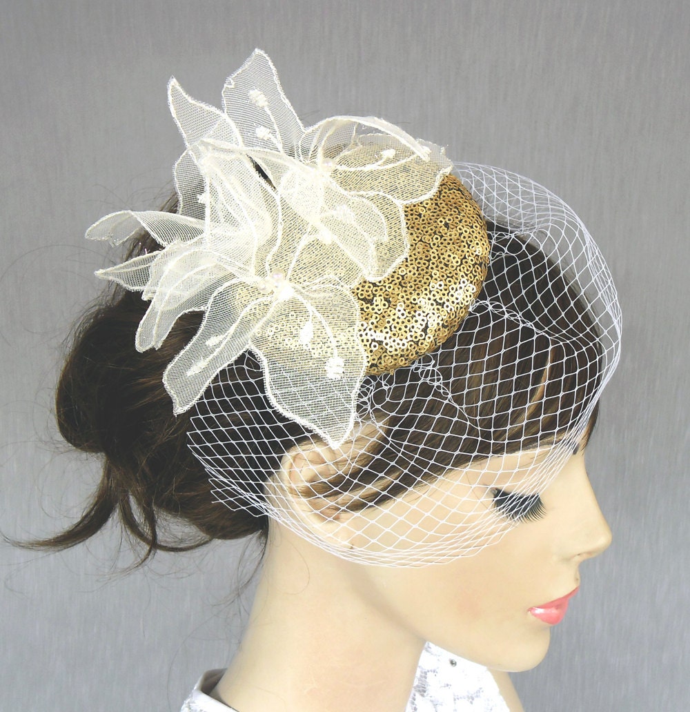 Weddings mini hat fascinator, bridal head piece, white tulle flower, gold sequined, handmade