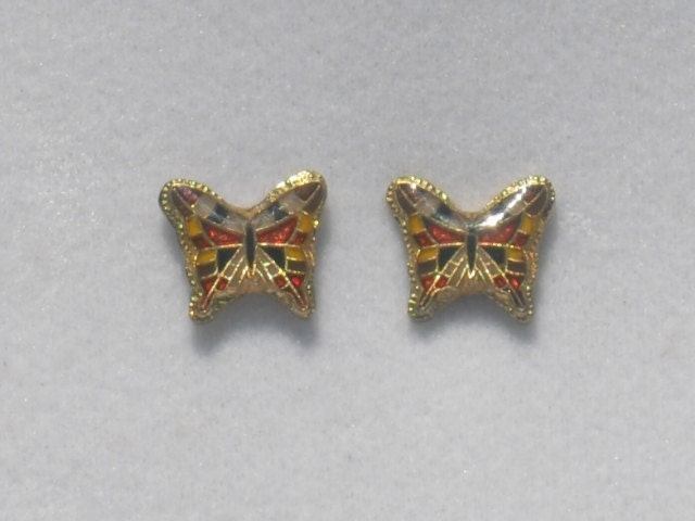 Vintage Asian Mosaic Enamel Butterfly Stud Earrings