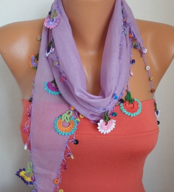 Summer Scarf Shawl - Cotton Weddings Scarves - Cowl with Lace Edge - Lilac