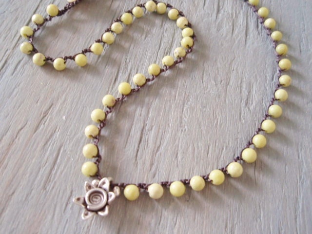Beachy crochet necklace 'Endless Summer- Peridot Jasper' semi precious stone, lemon lime green, rustic Thai silver sun, beachy bohemian