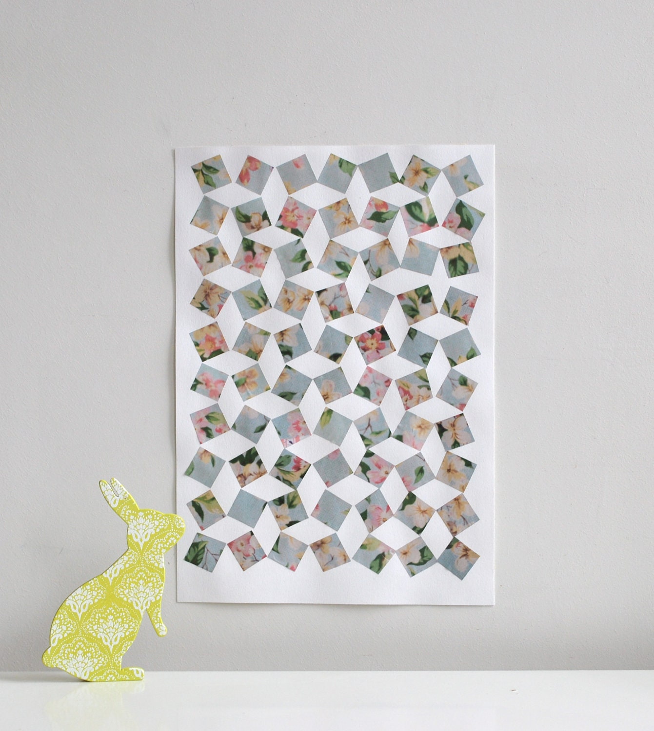 Floral geometric art collage, in pastel blue and pink, home decor, art gift.