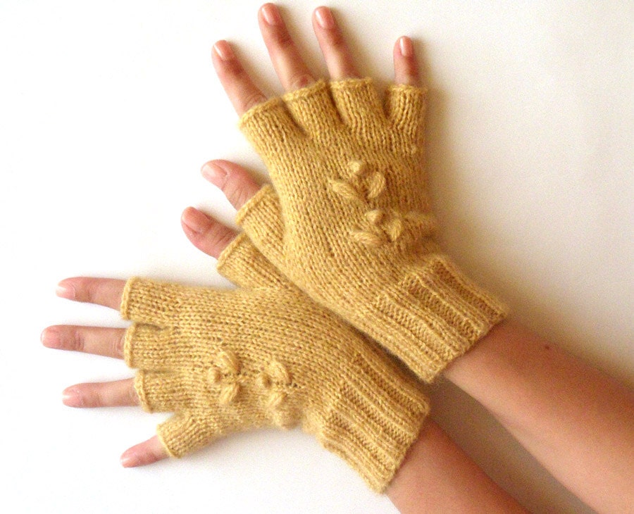 Knit Mustard Yellow Hand Warmers Cherry Flower Fingerless Gloves Wool Arm Warmers Half Fingers Women's Mittens - KG0030 - Aimarro