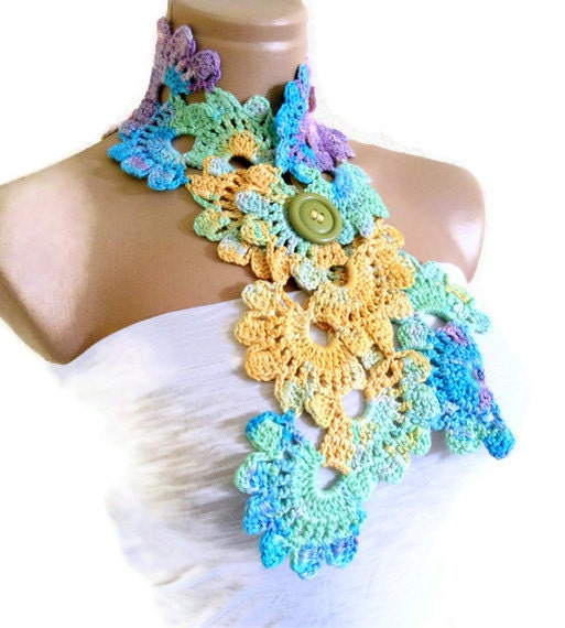 Crocheted Multi Color Bamboo Lace Neckwarmer,scarf,fashion,gift, valentine, summer trends, fashion, 2012