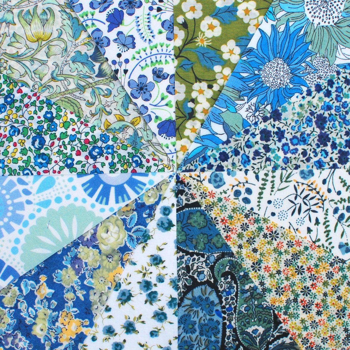 12 Liberty Tana Lawn fabric 5 x 5inch Patchwork Charm Squares - BLUE & GREEN