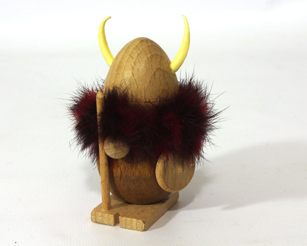 Mid Century Wood Viking with Horns and Helmet
