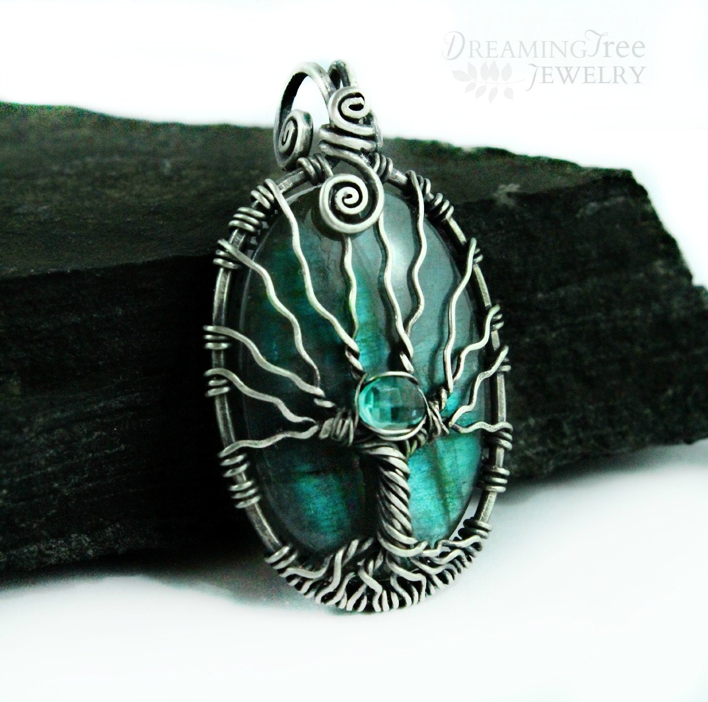 Teal Labradorite tree of life pendant and sterling silver