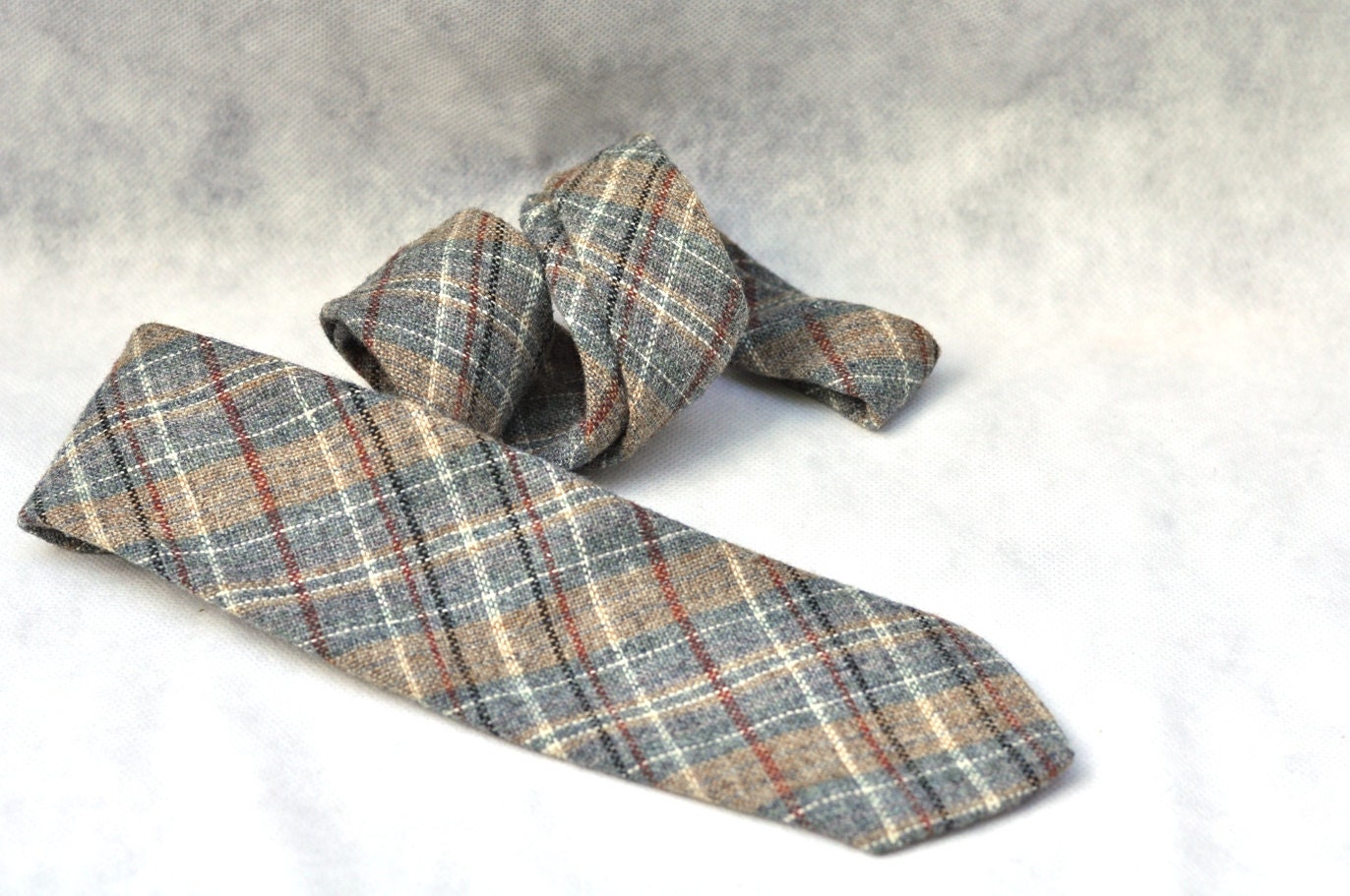 Mens Wool Tie in Gray Plaid Vintage Necktie Earthtones Browns, White and Black Tall Man Extra Length Tie
