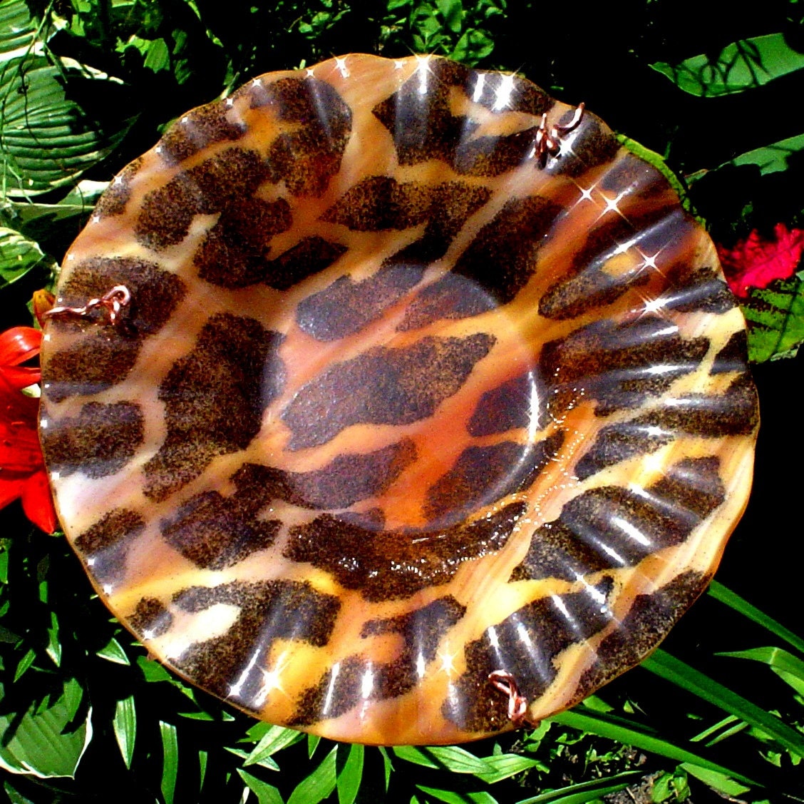 LEOPARD Print, BIRD BATH, stained glass, copper art, garden stake, home decor, outdoor