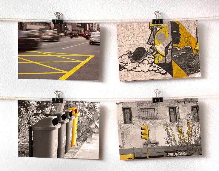 Yellow city set of 4 prints 4x6" Urban art in yellow and grey Monochrome home decor Street graffiti