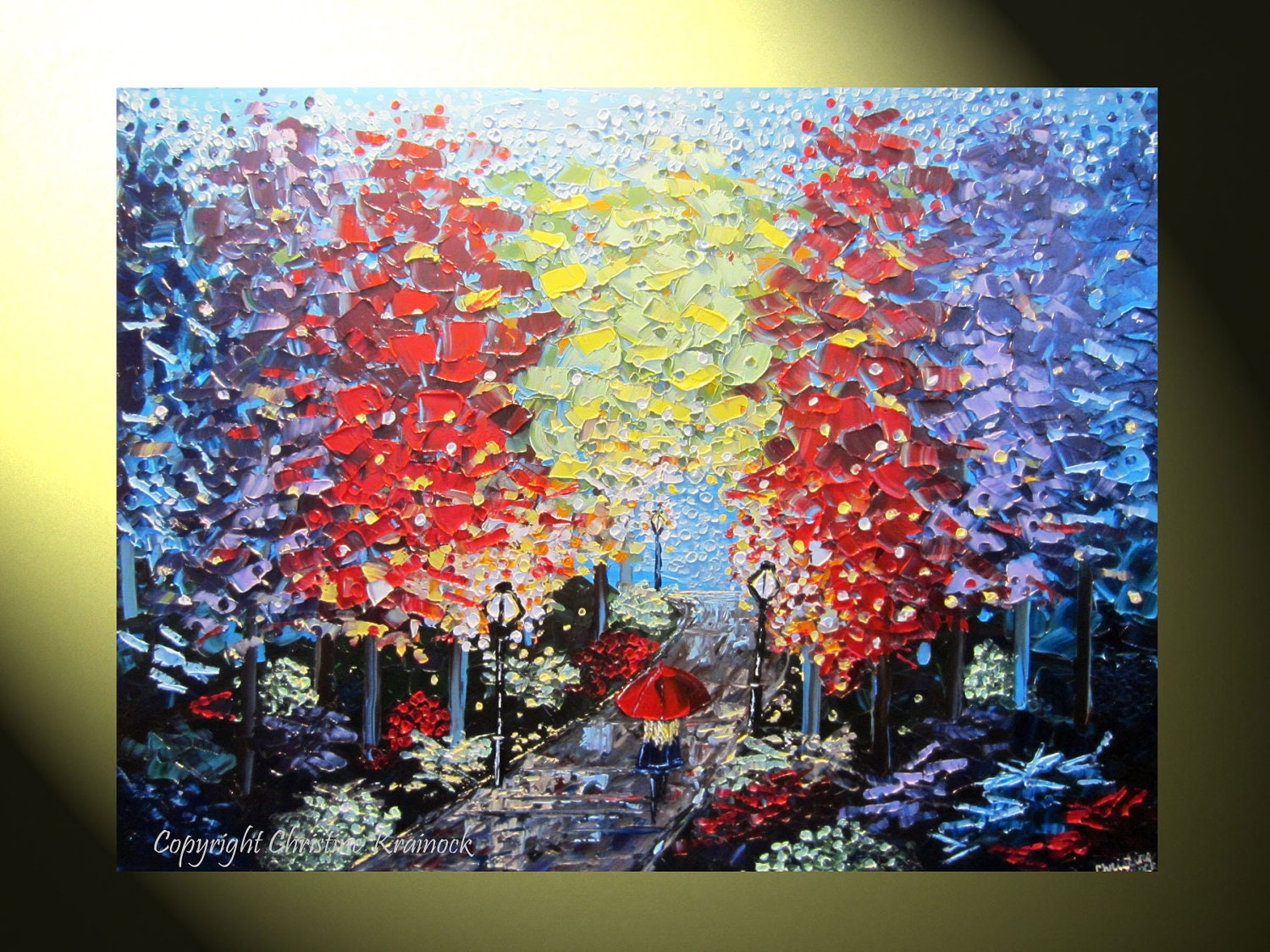 Original Large Abstract Painting Landscape Autumn Red Umbrella Walk Rain Textured Impasto Tree Floral Park Palette Knife 40x30" -Christine
