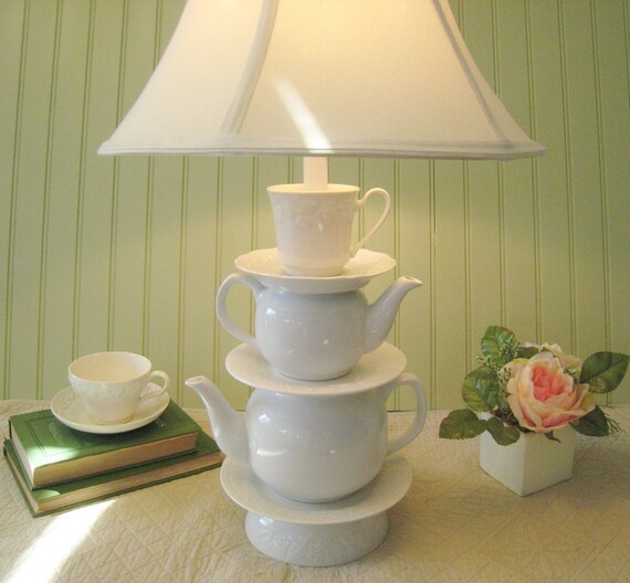 Teapot Lamp White Stacked Teapots Embossed Tea by ThistleandJug