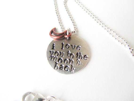 Handstamped Jewelry necklace I love you to the moon and back - gift for mom daughter friend