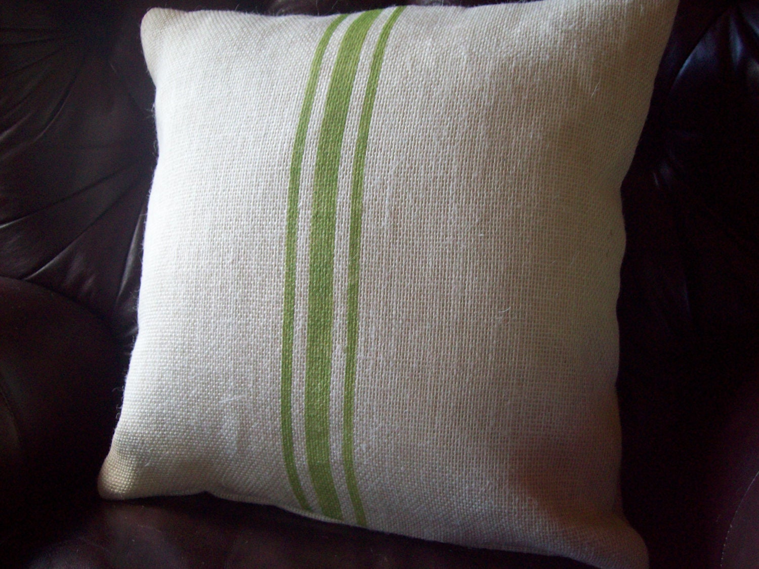 Burlap Grain Sack Pillow Cover with Spring Green Stripes 18 x 18 - Decorative Pillow Cover - Burlap Pillow Cover