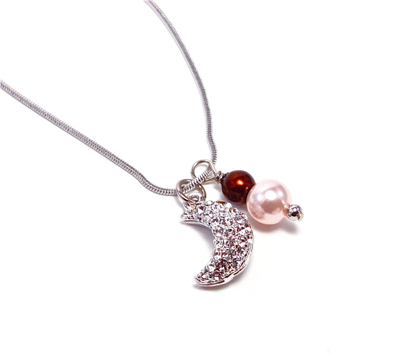Gamma Phi Beta Silver Crystal Crescent Necklace - Pink and Brown Beaded Sorority Necklace - Half Moon - Celestial - Space - Greek Jewelry